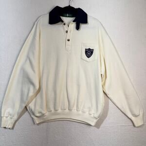 Hunt Club VTG Cream Polo Sweatshirt Navy Blue Collar Embroidered Patch Size XL